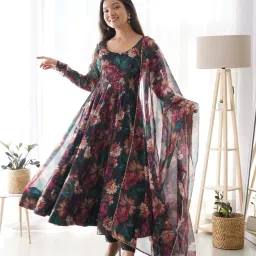 Printed, Floral Print Georgette, Crepe Stitched Anarkali Gown-image-3