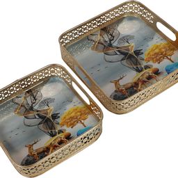 amaya decors Square Gold Deer Tray decorative serving Tray for festival ,gift set of 2 Tray-picture-0