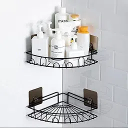 DEVRSHREE Self-Adhesive Metal Bathroom Corner Rack (Black,Pack of -2) Iron Wall Shelf-21