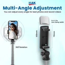 MAK 360° Rotatable Head, Rechargeable LED Light, Vlogging/Photography Bluetooth Selfie Stick image 3