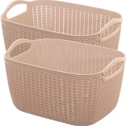 Plastic Unbreakable Plastic 2 Pieces Multipurpose Medium Size Flexible Storage Baskets / Fruit Vegetable Bathroom Stationary Home Basket with Handles (peach) -CTKTC39035 Storage Basket-image-47