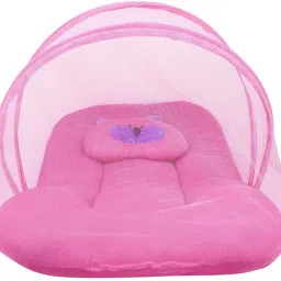 Baby Bed with mosquito net for new born | Baby Pillow | Velvet | Foldable mattress | Pink Standard Crib-13