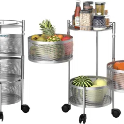 Pack of 2 Rotating 3-Tier Multipurpose Storage Rack Trolley with Wheels | Silver Iron Kitchen Trolley-image-49