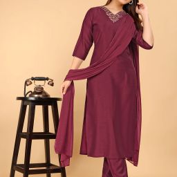 Women Art Silk Kurta Pant Attached Dupatta Set-image-80
