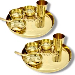 Pack of 2 Bronze 12-PCS Kansa Set Polish Finish 2 Plate 12" Thali,4 Bowls,2 Glass,2 Plate,2 Spoon Dinner Set-image-20