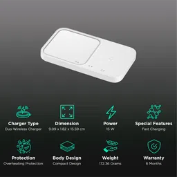 SAMSUNG Duo 15W 2-in-1 Wireless Charger for Android and Smart Watch (Built In Cooling System, White) image 2