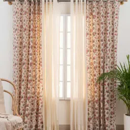 the yellow dwelling Red & Cream Cotton Floral 7.5ft Sheer Eyelet Door Curtains (Pack of 4)-picture-8