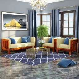 woodenmood Prashiv 2+1+1 Seater Wooden Sofa (Creame Colour, Honey Finish)-picture-1