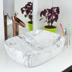 Bathroom Rectangular Shape Marble Finish 18 X 13 X 6 Inch Table Top Basin(White) Table Top Basin-image-47