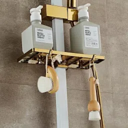 Luxury Shower Panel with Button Switches, Wall Mount Hot & Cold 3-in-1 Set for Bathroom, Gold Finish, Adjustable Height & Multi-Outlet System image 5