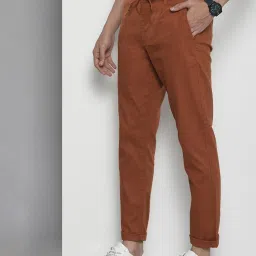 Men Slim Fit Brown Linen Blend Trousers-image-15