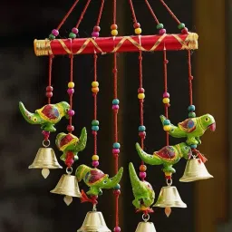 Handcrafted Rajasthani Bells Birds Parrot Design Wood Door Wall Hanging Wood, Iron Windchime-image-63