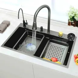 Waterfall and Pull-down Faucet/304 Grade Stainless Steel Multifunctional Waterfall Kitchen Sink 304 GRADE All in One 30x18 inch Vessel Sink-image-41