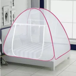 Polyester Kids Washable Polyester Adults Folding Double Bed Mosquito Net (Pink, Whi Mosquito Net-2