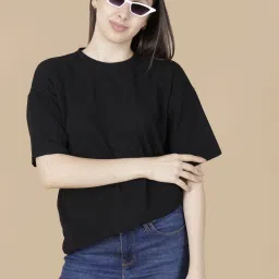 Women Self Design Round Neck Wool Blend Black T-Shirt-image-89