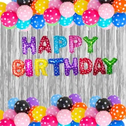 Solid Happy Birthday Balloons Decoration Kit 66 Pcs, 1 set of Multicolor 13Pcs "Happy Birthday" alphabet foil balloons and 50Pcs Polka Dot Balloon Set with 2Pcs Silver Curtain and 1 Pc Ribbion for Birthday Theme Decorations Items Combo with Helium Letters Foil Balloon Banner, Latex Metallic Balloons Balloon (Multicolor, Pack of 66)-14