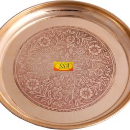 Pure Brass Dinner Plate | Thali Set For Pooja & Serving Purpose (Engraved Flower Design, 8.25 Inch) - 1 Piece Quarter Plate-14