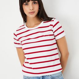 max Women Striped Round Neck Cotton Blend White T-Shirt-picture-0
