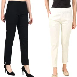 Pack of 2 Women Regular Fit Black, White Cotton Blend Trousers-image-73