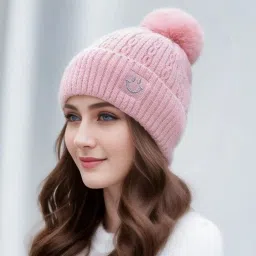 Cute woolen warm ( soft warm fur inside pom-pom on top ) winter caps for women Woven Beanie-image-72