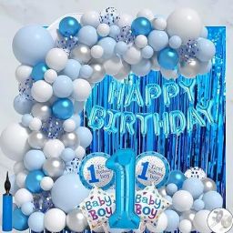 First Birthday Party Decoration Set, Blue and Silver Balloon Garland.-image-81