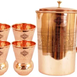 Copper Set of 1 Embossed Designer Jug Pitcher 1750 ML with 4 Hammered Glass 375 ML each - Storage Drinking Water Serveware Jug Glass Set-image-8