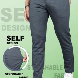 Men Slim Fit Grey Linen Blend Trousers-image-8