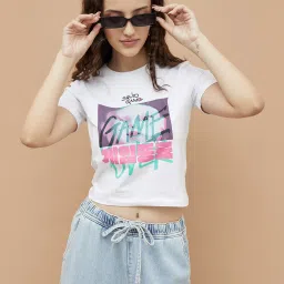 Women Printed Round Neck Cotton Blend White T-Shirt-image-3