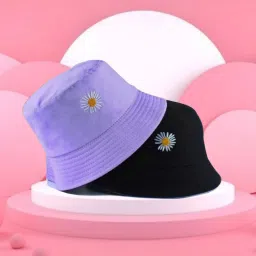 poshing Daisy Embroidered Unisex foldable cotton Reversible Bucket Hat-image-10