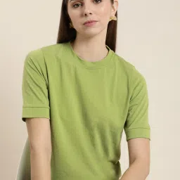 Women Solid Round Neck Polyester Green T-Shirt-image-1