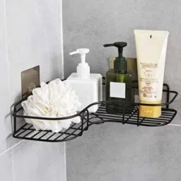 Cutlery Kitchen Rack Multipurpose Self Adhesive Wall-Mounted Corner Storage Rack Bathroom Shelf Organizer Kitchen Basket Cosmetic Hanging Shower Caddy Rack Stainless Steel Wall Shelf  (Number of Shelves - 1, Black) Steel-10