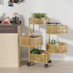 4+1 Layer Kitchen Metal Storage Rack with Wheels | Round Shape - Golden Iron Kitchen Trolley-image-67