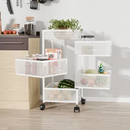 4+1 Layer Kitchen Metal Storage Rack with Wheels | Square Shape - White Iron Kitchen Trolley-image-2