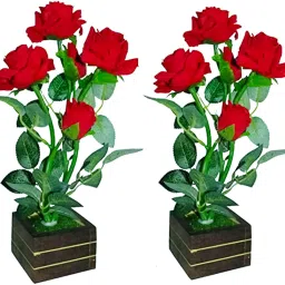 Red rose flower for home decor decoration with wood pot real looking plant for home and office tables lobby balcony dining table bedroom garden Wild Artificial Plant with Pot-17