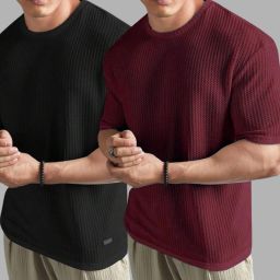 Men Self Design Round Neck Cotton Blend Maroon, Black T-Shirt-image-15