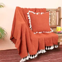 ambbi collections Orange Solid Cotton 62x66 Inches Sofa Throw with Cushion Cover-picture-5