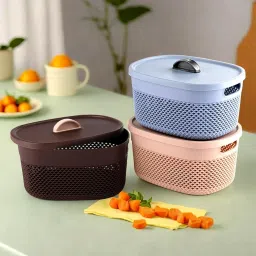 Plastic Large Storage Baskets with lid|Design-Netted|Shape-Oval|Brown,Beige&Grey|Packof3 Storage Basket-33