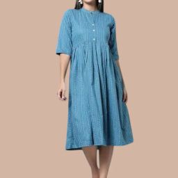 Women Fit and Flare Blue Ankle Length Dress-image-91