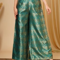 Women Loose Fit Light Blue, Gold Viscose Rayon Trousers-image-9