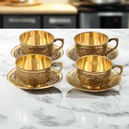 Pack of 4 Brass Master Cup & Saucer Designer Pure Brass Cup for Serving Tea Coffee Embossed-image-15