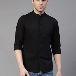 Men Slim Fit Solid Mandarin Collar Casual Shirt-image-3