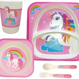 Baby Feeding Pink Unicorn Dinner Set for Kids (Plate, Bowl, Cup, Spoon & Fork)- 100% Safe Bamboo Fiber-picture-29