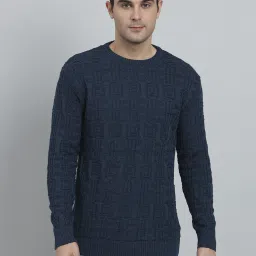 Men Self Design Round Neck Blue Sweater-image-59