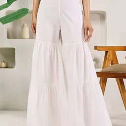 fiorra Women Relaxed White Pure Cotton Trousers-picture-0