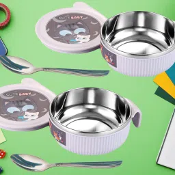 Linex 2pc Feeding Bowl With Air Tight Lid & Steel Spoon 380ml- Stainless Steel-picture-4