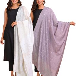 Poly Chanderi Embroidered White, Grey Women Dupatta-image-3