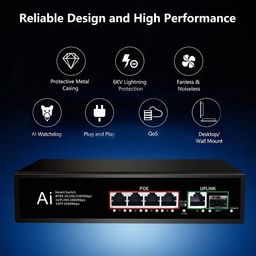 Hanutech Fast Ethernet 4 Port PoE Switch Gigabit ,4 Port*100/1000Mbps+1 Port RJ5 Uplink 1000Mbps+1 SFP Slot 1.25G @65W CCTV Networking Switch image 4
