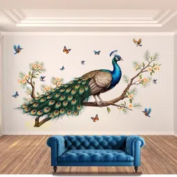 36 inch PEACOCK SITTING ON TREE BRANCH (BIG SIZE 60"X36") WITH BIRDS & BUTTERFLIES Self Adhesive Sticker-image-36