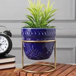 miah decor Embossed Stoneware Planter With Stand-picture-2