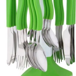 24 Pcs Stainless Steel Cutlery Set/ Spoon Set with Stand for Dining Table/Spoon and Fork Set/Spoon Stand Holder(Pack Of 24) Plastic, Stainless Steel Cutlery Set-18